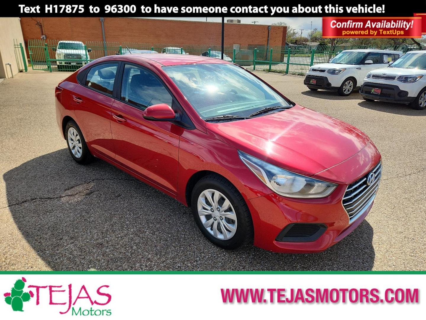 2020 RED Hyundai Accent SE (3KPC24A62LE) with an Engine: 1.6L DOHC DPI I4 w/CVVT -inc: Dual Continuously Variable Valve Timing (D-CVVT) engine, located at 4110 Avenue Q, Lubbock, 79412, 33.556553, -101.855820 - 03/09/2024 INSPECTION IN ENVELPE GOD 03/23/2024 KEY IN ENVELOPE GOD - Photo#0