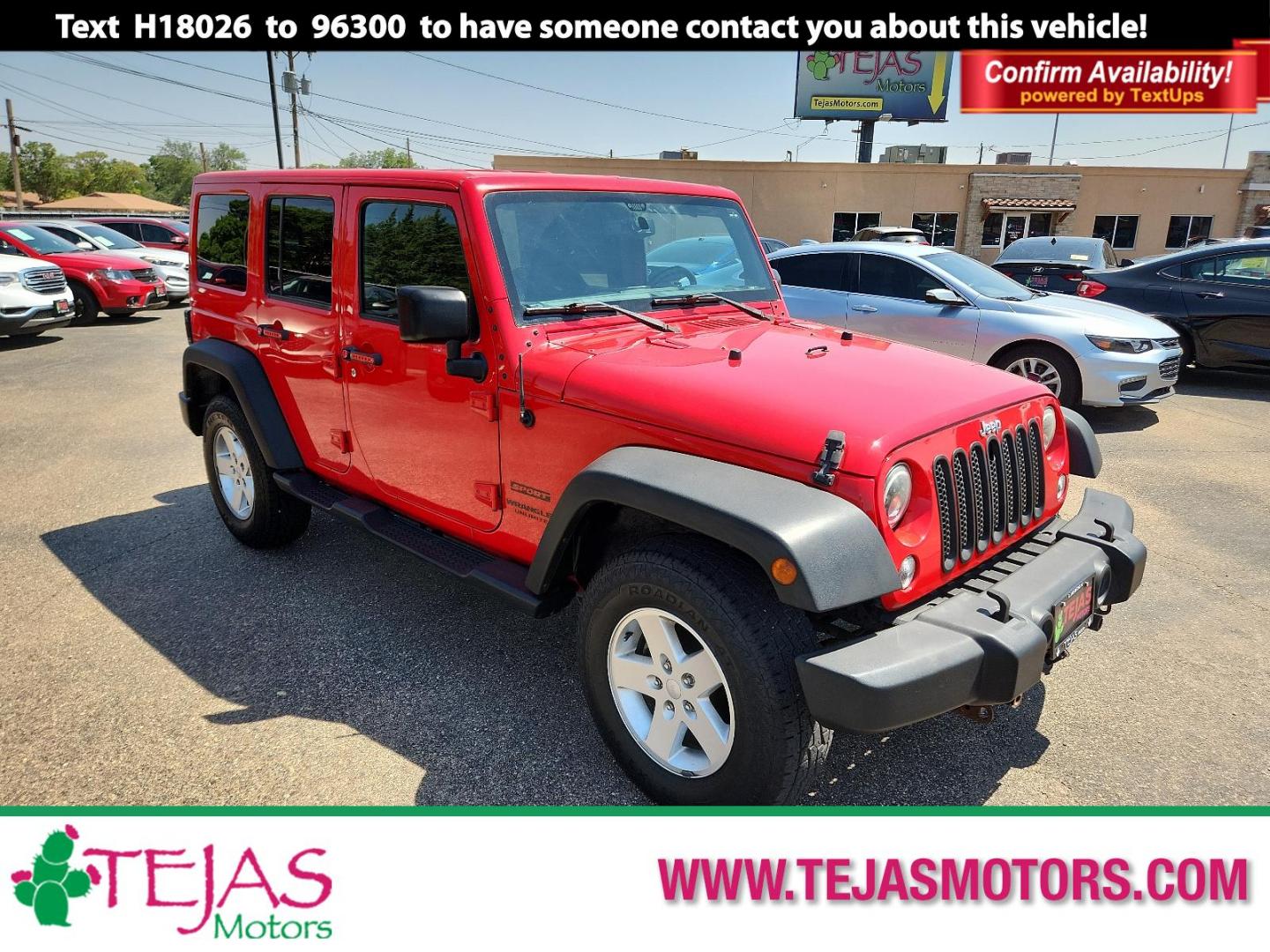 2016 RED Jeep Wrangler Unlimited Sport (1C4BJWDG3GL) with an ENGINE: 3.6L V6 24V VVT engine, located at 4110 Avenue Q, Lubbock, 79412, 33.556553, -101.855820 - Photo#0