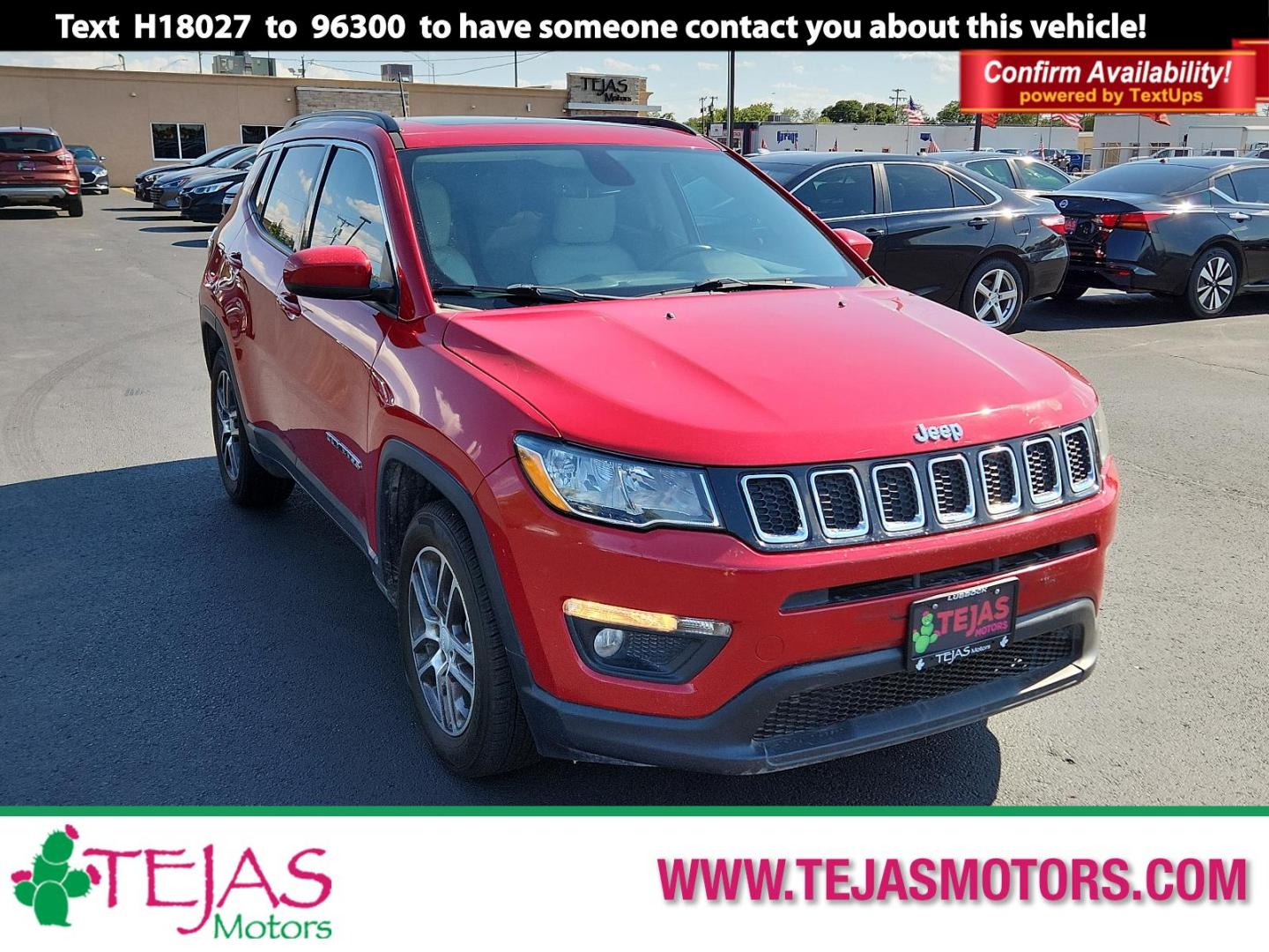 2019 RED Jeep Compass Latitude w/Sun/Wheel Pkg (3C4NJCBB4KT) with an ENGINE: 2.4L I4 ZERO EVAP M-AIR W/ESS engine, located at 4110 Avenue Q, Lubbock, 79412, 33.556553, -101.855820 - Photo#0