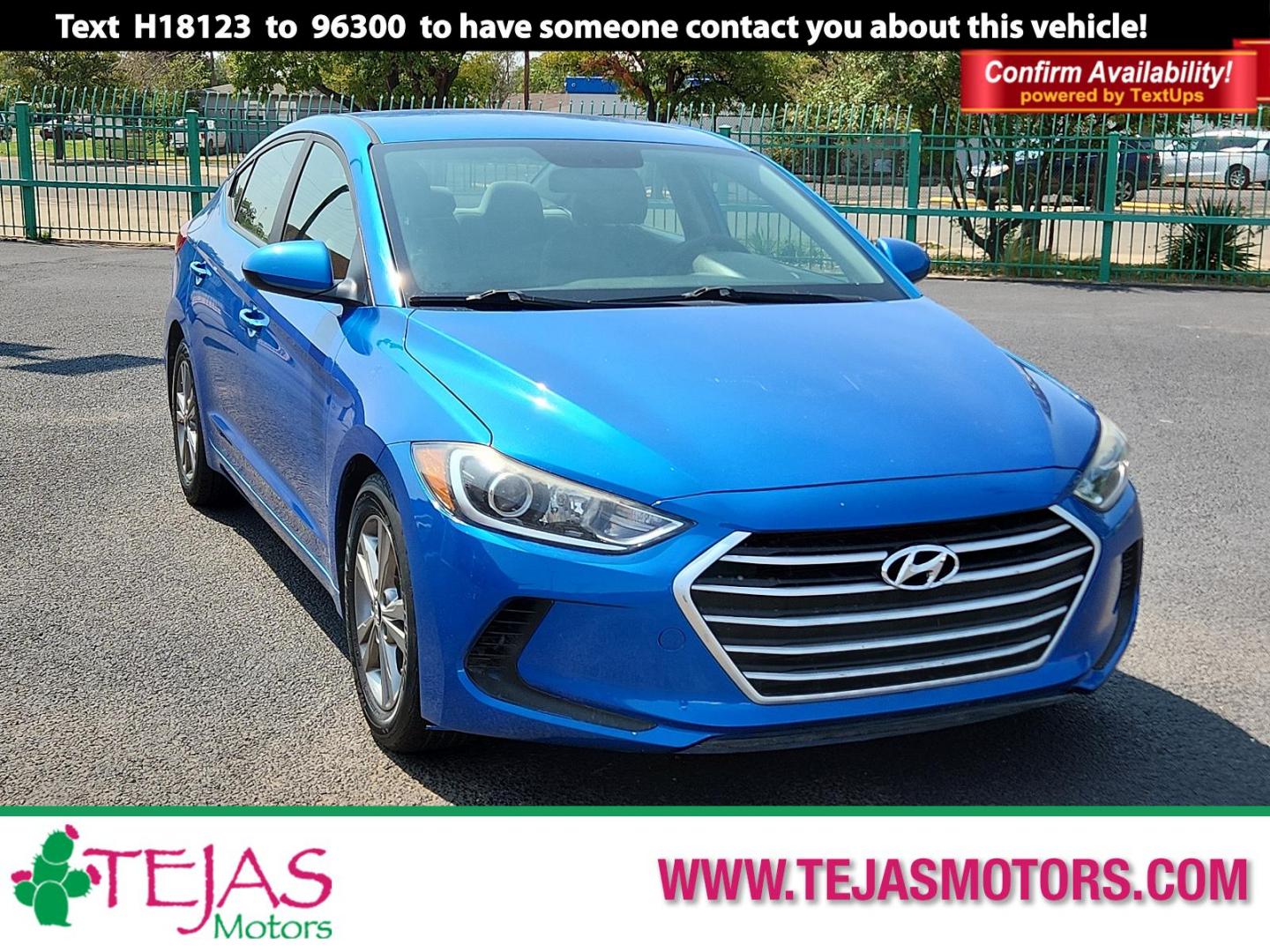 2017 BLUE Hyundai Elantra SE (KMHD84LF7HU) with an Engine: 2.0L DOHC 16V 4-Cylinder D-CVVT GDI engine, located at 4110 Avenue Q, Lubbock, 79412, 33.556553, -101.855820 - 09/03/2024 KEY IN ENVELOPE GOD 09/05/2024 INSPECTION IN ENVELOPE GOD - Photo#0