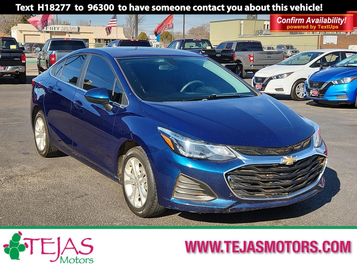 2019 BLUE Chevrolet Cruze LT (1G1BE5SM9K7) with an ENGINE, 1.4L TURBO DOHC 4-CYLINDER DI engine, located at 4110 Avenue Q, Lubbock, 79412, 33.556553, -101.855820 - 01/18/2025 KEY IN ENVELOPE GOD - Photo#0